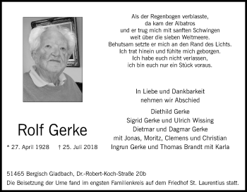 Anzeige von Rolf Gerke von Kölner Stadt-Anzeiger / Kölnische Rundschau / Express