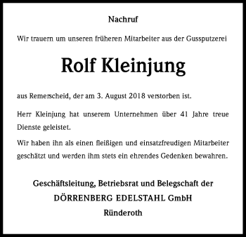 Anzeige von Rolf Kleinjung von Kölner Stadt-Anzeiger / Kölnische Rundschau / Express