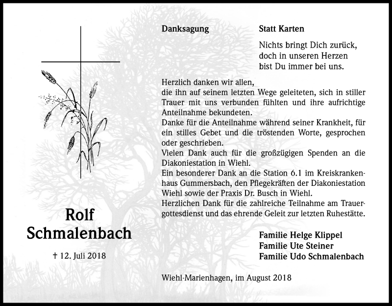  Traueranzeige für Rolf Schmalenbach vom 01.09.2018 aus Kölner Stadt-Anzeiger / Kölnische Rundschau / Express