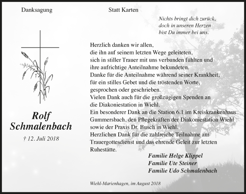  Traueranzeige für Rolf Schmalenbach vom 29.08.2018 aus  Anzeigen Echo 