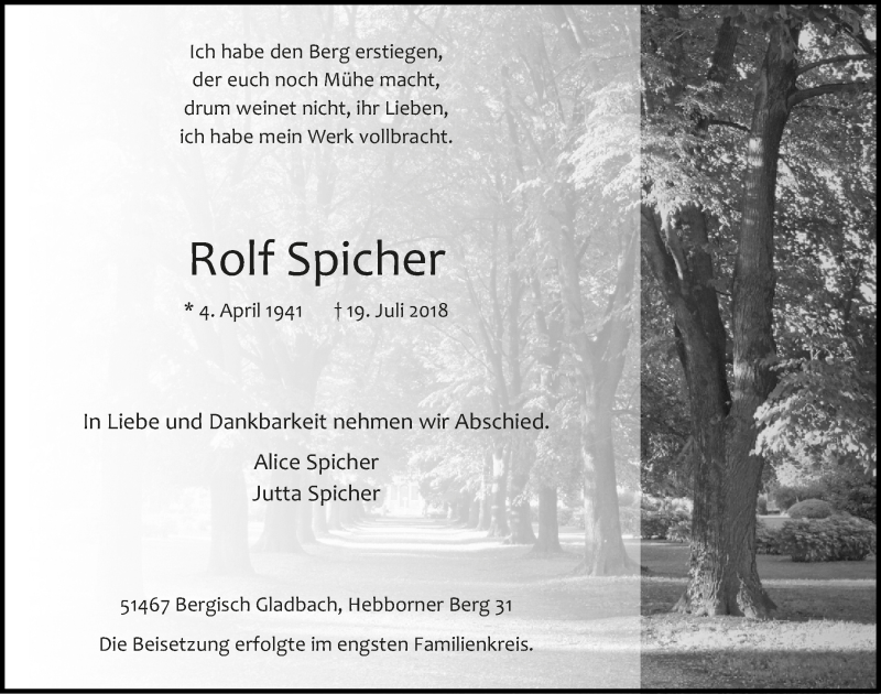  Traueranzeige für Rolf Spicher vom 08.08.2018 aus  Bergisches Handelsblatt 