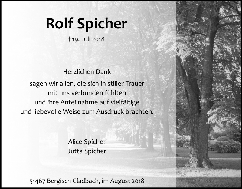  Traueranzeige für Rolf Spicher vom 18.08.2018 aus Kölner Stadt-Anzeiger / Kölnische Rundschau / Express