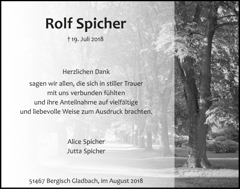  Traueranzeige für Rolf Spicher vom 22.08.2018 aus  Bergisches Handelsblatt 