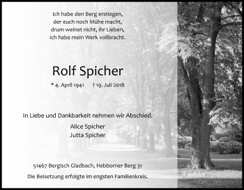Anzeige von Rolf Spicher von Kölner Stadt-Anzeiger / Kölnische Rundschau / Express