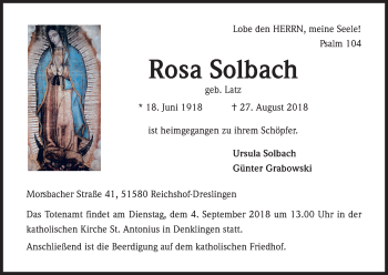 Anzeige von Rosa Solbach von Kölner Stadt-Anzeiger / Kölnische Rundschau / Express
