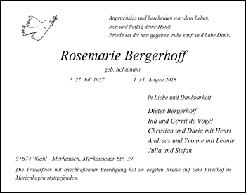 Anzeige von Rosemarie Bergerhoff von  Anzeigen Echo 