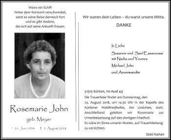 Anzeige von Rosemarie John von  Bergisches Handelsblatt 