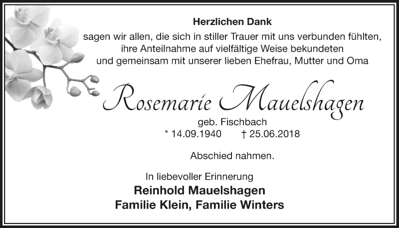  Traueranzeige für Rosemarie Mauelshagen vom 15.08.2018 aus  Lokalanzeiger 