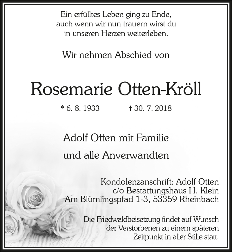  Traueranzeige für Rosemarie Otten-Kröll vom 08.08.2018 aus  Schaufenster/Blickpunkt 