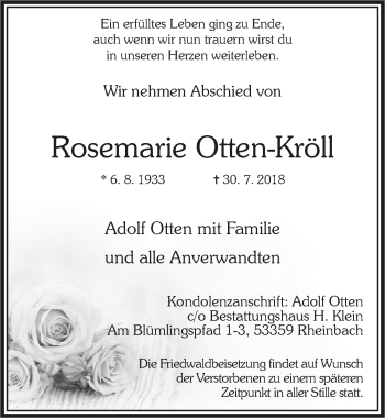 Anzeige von Rosemarie Otten-Kröll von  Schaufenster/Blickpunkt 