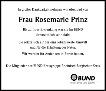 Anzeige von Rosemarie Prinz von Kölner Stadt-Anzeiger / Kölnische Rundschau / Express