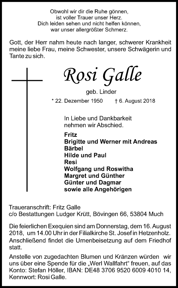  Traueranzeige für Rosi Galle vom 11.08.2018 aus Kölner Stadt-Anzeiger / Kölnische Rundschau / Express