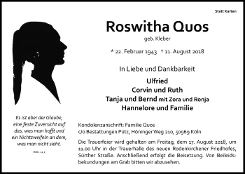 Anzeige von Roswitha Quos von Kölner Stadt-Anzeiger / Kölnische Rundschau / Express