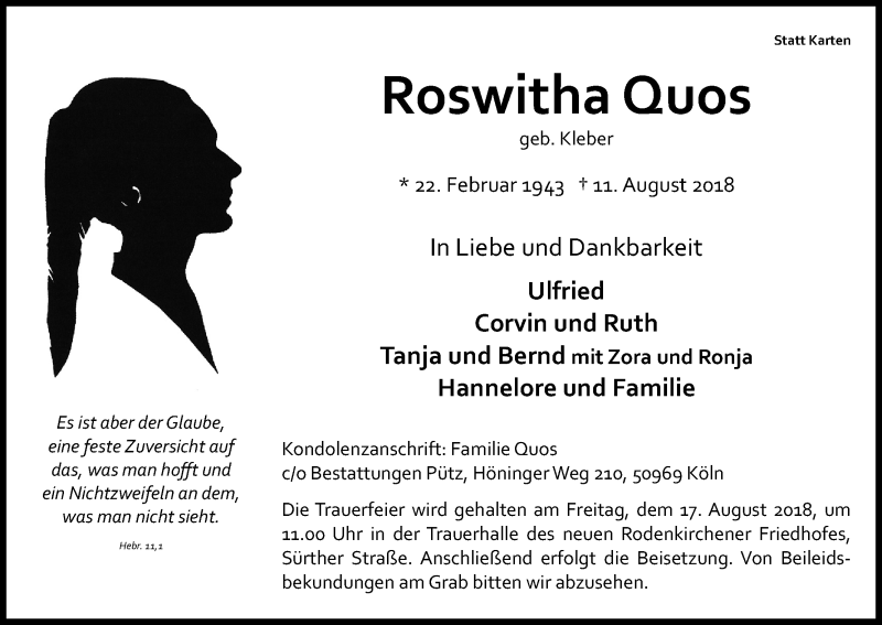  Traueranzeige für Roswitha Quos vom 15.08.2018 aus Kölner Stadt-Anzeiger / Kölnische Rundschau / Express