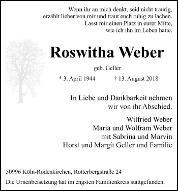 Anzeige von Roswitha Weber von Kölner Stadt-Anzeiger / Kölnische Rundschau / Express