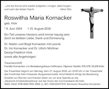 Anzeige von Roswitha Maria Kornacker von Kölner Stadt-Anzeiger / Kölnische Rundschau / Express