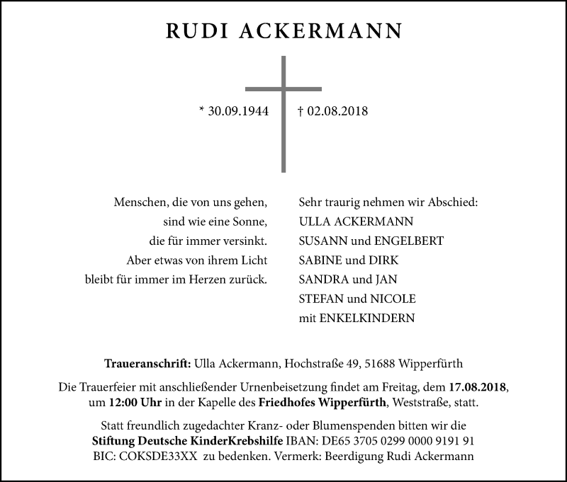  Traueranzeige für Rudi Ackermann vom 11.08.2018 aus Kölner Stadt-Anzeiger / Kölnische Rundschau / Express