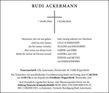 Anzeige von Rudi Ackermann von Kölner Stadt-Anzeiger / Kölnische Rundschau / Express