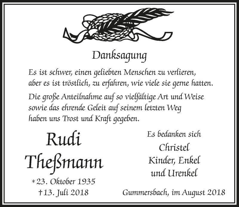  Traueranzeige für Rudi Theßmann vom 29.08.2018 aus  Anzeigen Echo 