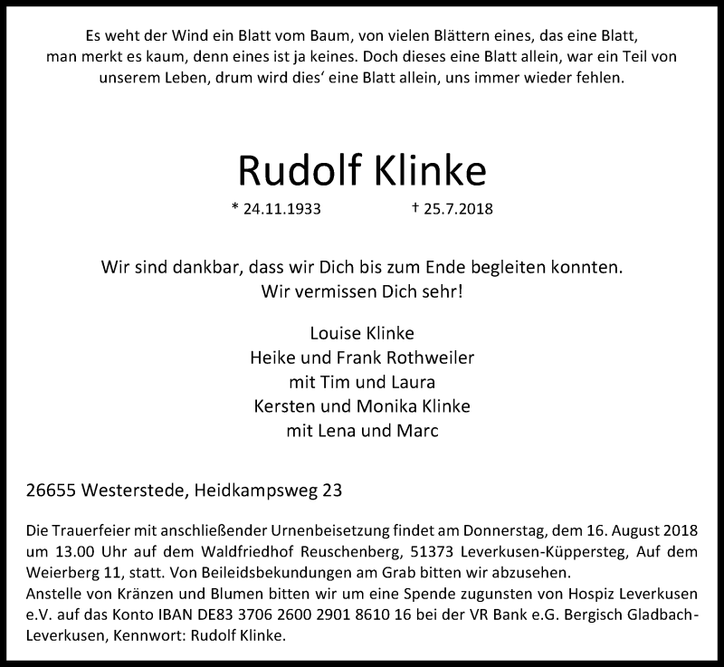  Traueranzeige für Rudolf Klinke vom 09.08.2018 aus Kölner Stadt-Anzeiger / Kölnische Rundschau / Express