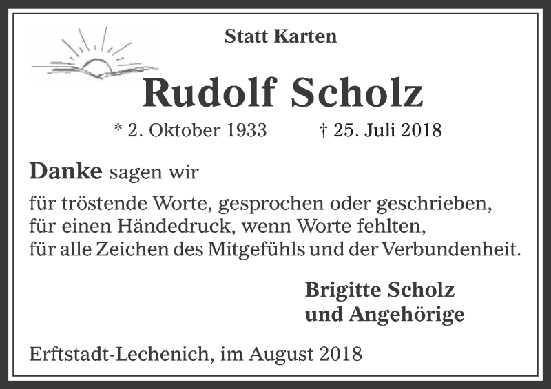  Traueranzeige für Rudolf Scholz vom 22.08.2018 aus  Werbepost 