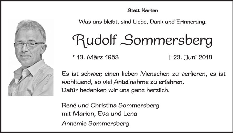  Traueranzeige für Rudolf Sommersberg vom 29.08.2018 aus  Schlossbote/Werbekurier 