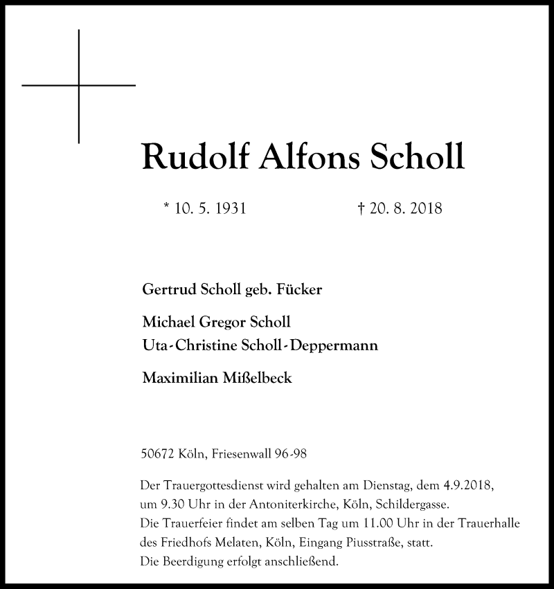 Traueranzeige für Rudolf Alfons Scholl vom 25.08.2018 aus Kölner Stadt-Anzeiger / Kölnische Rundschau / Express