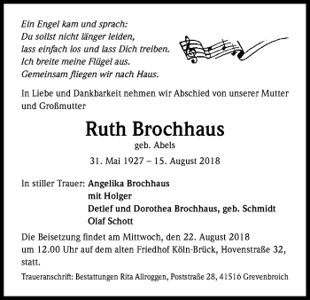 Anzeige von Ruth Brochhaus von Kölner Stadt-Anzeiger / Kölnische Rundschau / Express