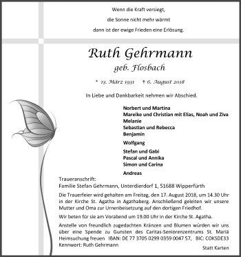 Anzeige von Ruth Gehrmann von Kölner Stadt-Anzeiger / Kölnische Rundschau / Express
