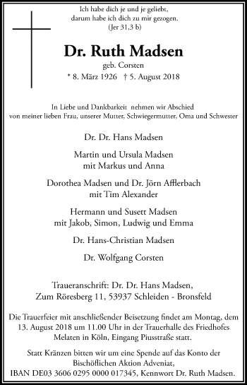Anzeige von Ruth Madsen von Kölner Stadt-Anzeiger / Kölnische Rundschau / Express
