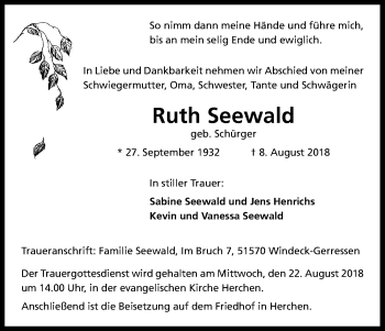 Anzeige von Ruth Seewald von Kölner Stadt-Anzeiger / Kölnische Rundschau / Express