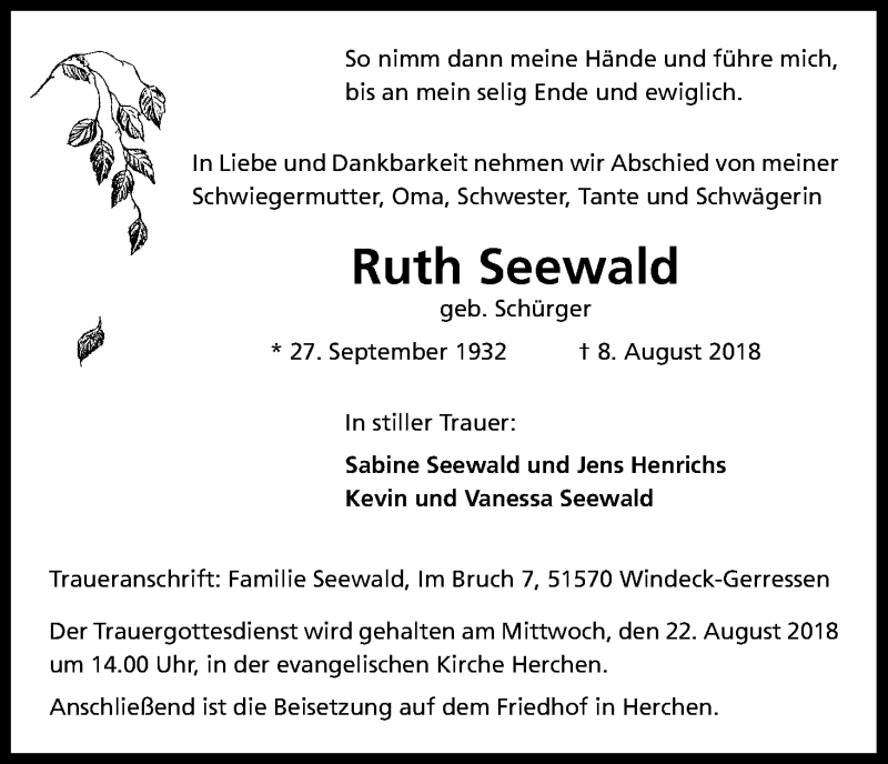  Traueranzeige für Ruth Seewald vom 17.08.2018 aus Kölner Stadt-Anzeiger / Kölnische Rundschau / Express