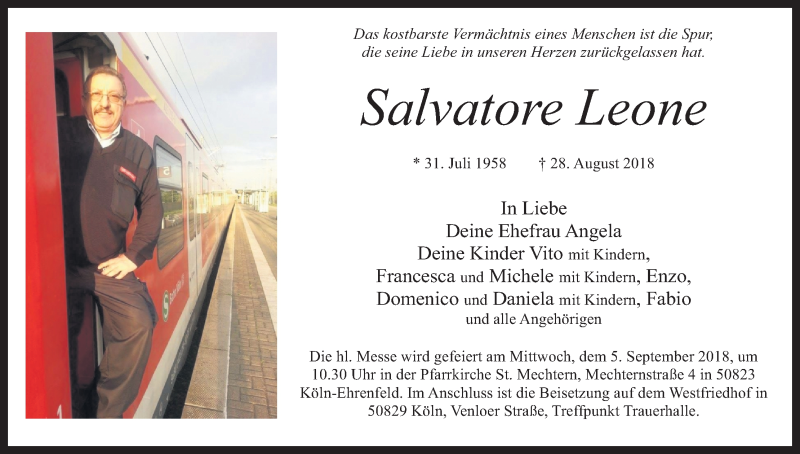  Traueranzeige für Salvatore Leone vom 01.09.2018 aus Kölner Stadt-Anzeiger / Kölnische Rundschau / Express