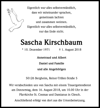 Anzeige von Sascha Kirschbaum von Kölner Stadt-Anzeiger / Kölnische Rundschau / Express