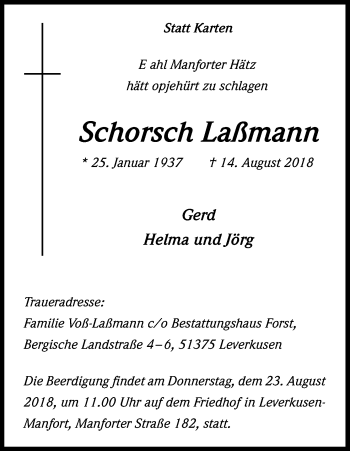 Anzeige von Schorsch Laßmann von Kölner Stadt-Anzeiger / Kölnische Rundschau / Express