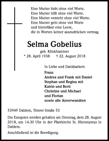 Anzeige von Selma Gobelius von Kölner Stadt-Anzeiger / Kölnische Rundschau / Express