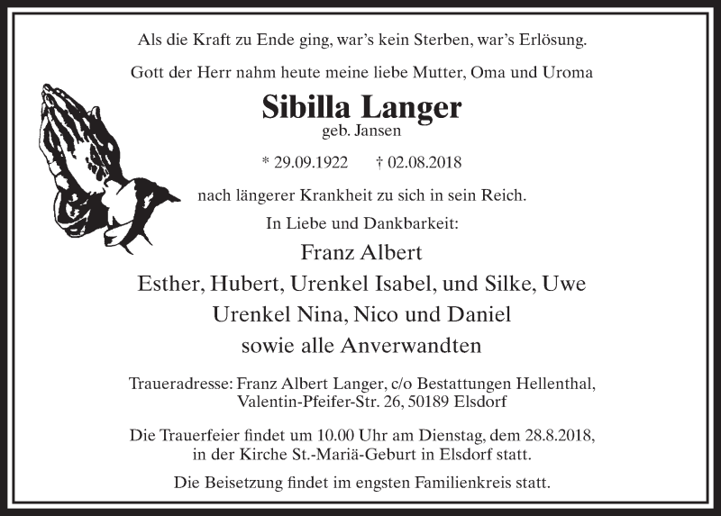  Traueranzeige für Sibilla Langer vom 25.08.2018 aus  Sonntags-Post 