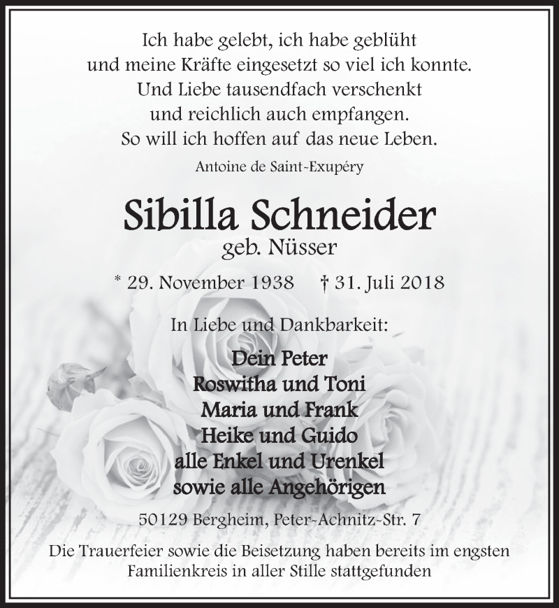  Traueranzeige für Sibilla Schneider vom 04.08.2018 aus  Sonntags-Post 