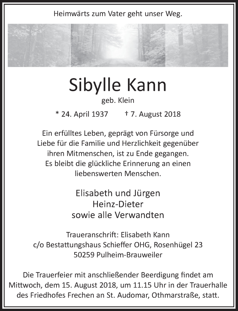  Traueranzeige für Sibylle Kann vom 11.08.2018 aus  Sonntags-Post 