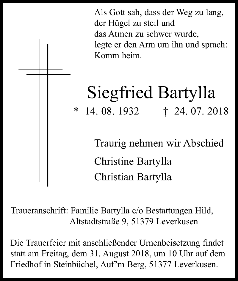  Traueranzeige für Siegfried Bartylla vom 25.08.2018 aus Kölner Stadt-Anzeiger / Kölnische Rundschau / Express