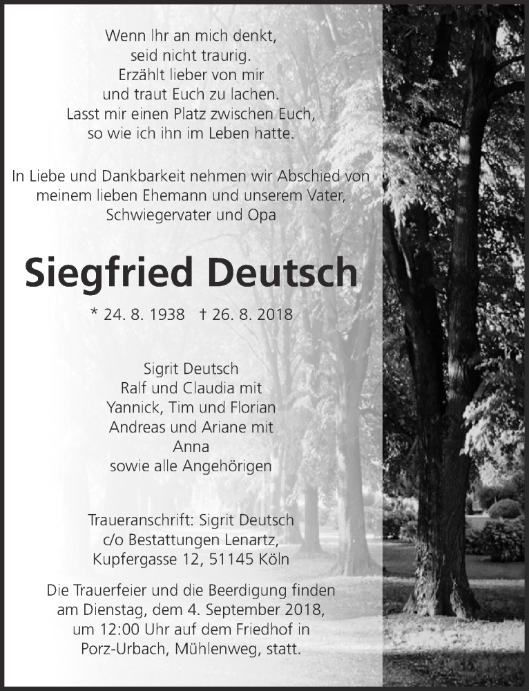  Traueranzeige für Siegfried Deutsch vom 29.08.2018 aus  Kölner Wochenspiegel 