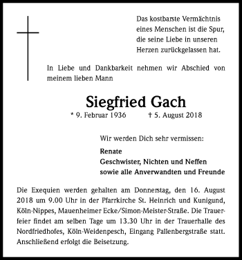 Anzeige von Siegfried Gach von Kölner Stadt-Anzeiger / Kölnische Rundschau / Express