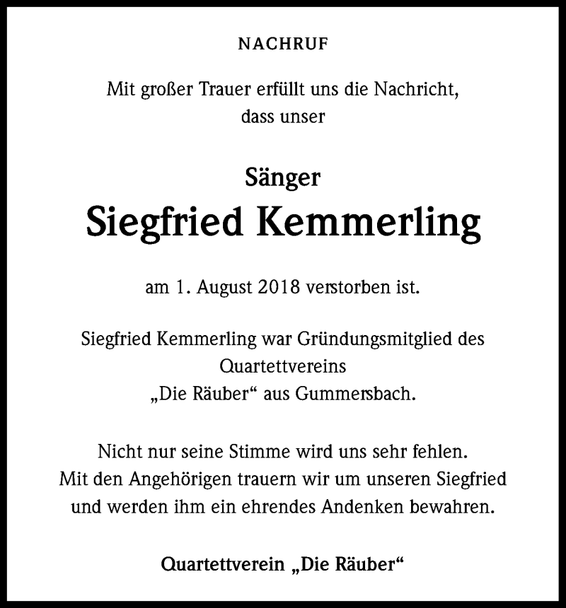  Traueranzeige für Siegfried Kemmerling vom 10.08.2018 aus Kölner Stadt-Anzeiger / Kölnische Rundschau / Express