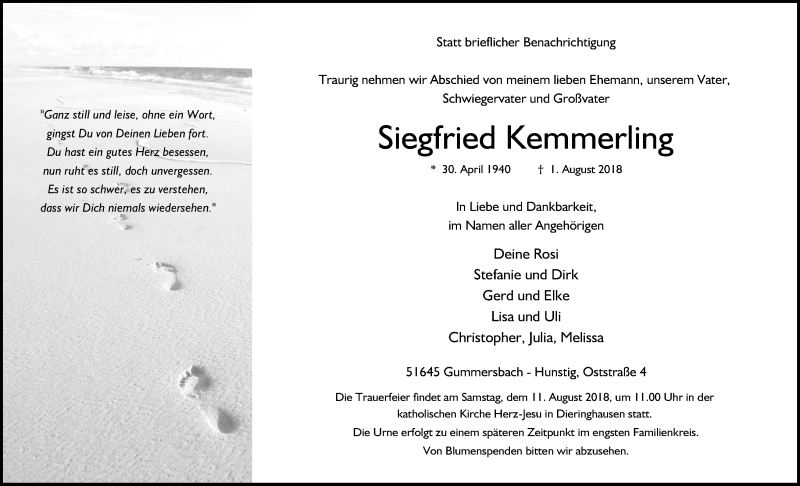  Traueranzeige für Siegfried Kemmerling vom 08.08.2018 aus Kölner Stadt-Anzeiger / Kölnische Rundschau / Express