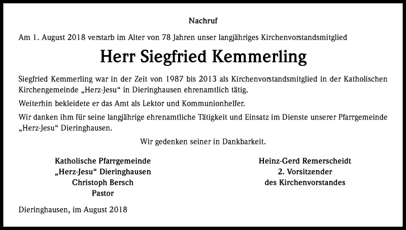  Traueranzeige für Siegfried Kemmerling vom 11.08.2018 aus Kölner Stadt-Anzeiger / Kölnische Rundschau / Express