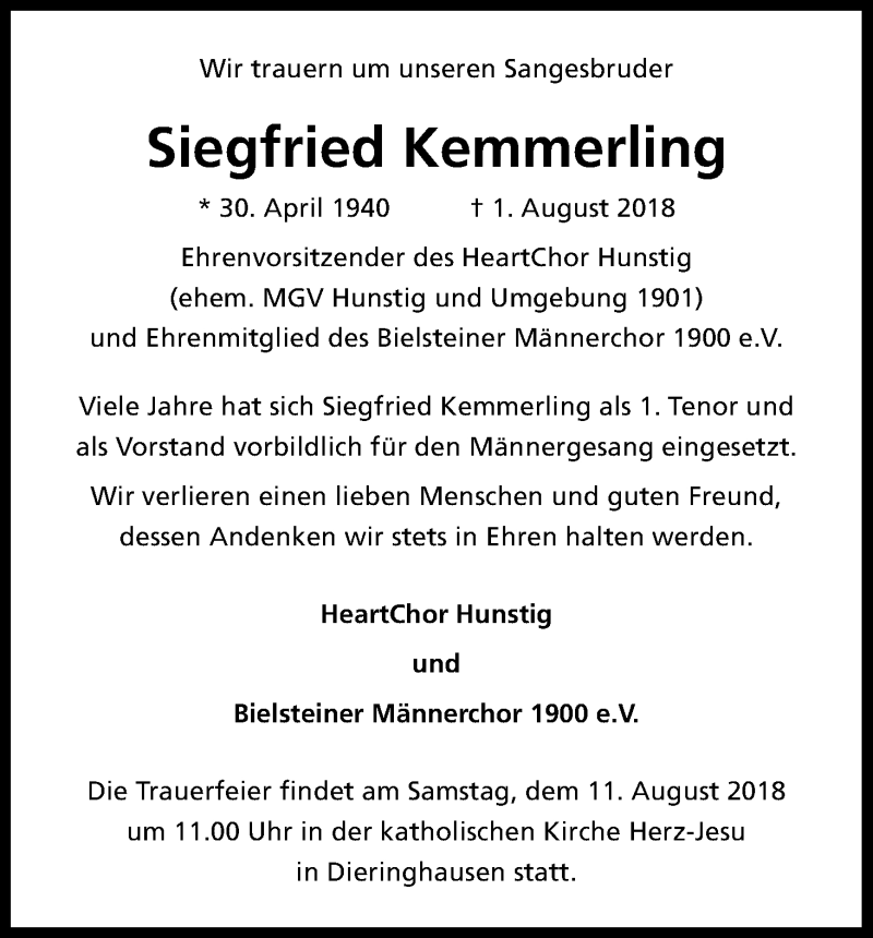  Traueranzeige für Siegfried Kemmerling vom 11.08.2018 aus Kölner Stadt-Anzeiger / Kölnische Rundschau / Express