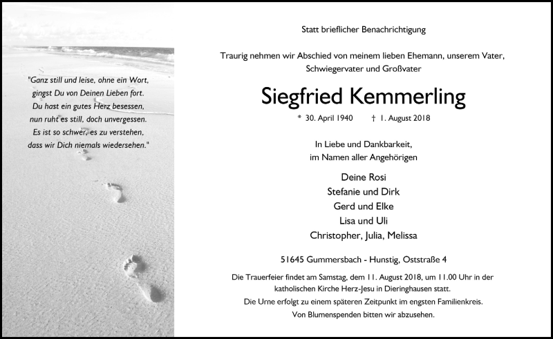  Traueranzeige für Siegfried Kemmerling vom 08.08.2018 aus  Anzeigen Echo 