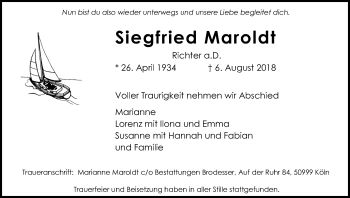 Anzeige von Siegfried Maroldt von Kölner Stadt-Anzeiger / Kölnische Rundschau / Express