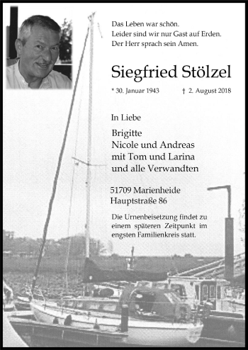 Anzeige von Siegfried Stölzel von  Anzeigen Echo 