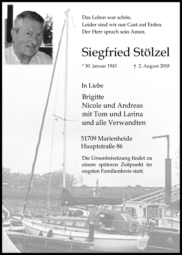  Traueranzeige für Siegfried Stölzel vom 11.08.2018 aus Kölner Stadt-Anzeiger / Kölnische Rundschau / Express